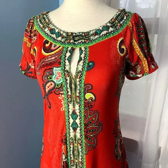 NWT ECI Red Paisley Dress with Beading Size 2 - Picture 2 of 9